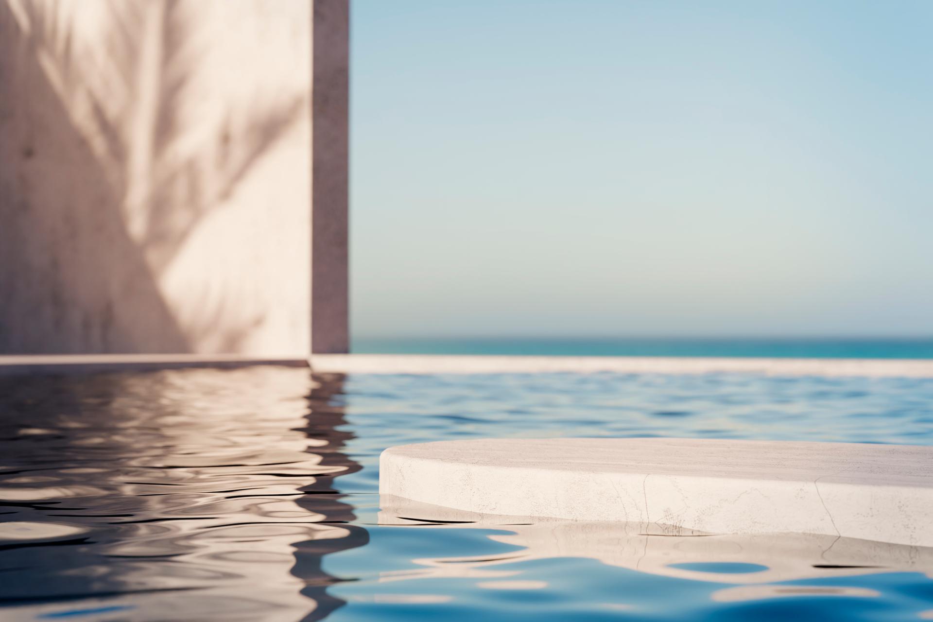 Podium stand in luxury swimming pool water with sea and sunset view. Summer background of tropical design product placement display.